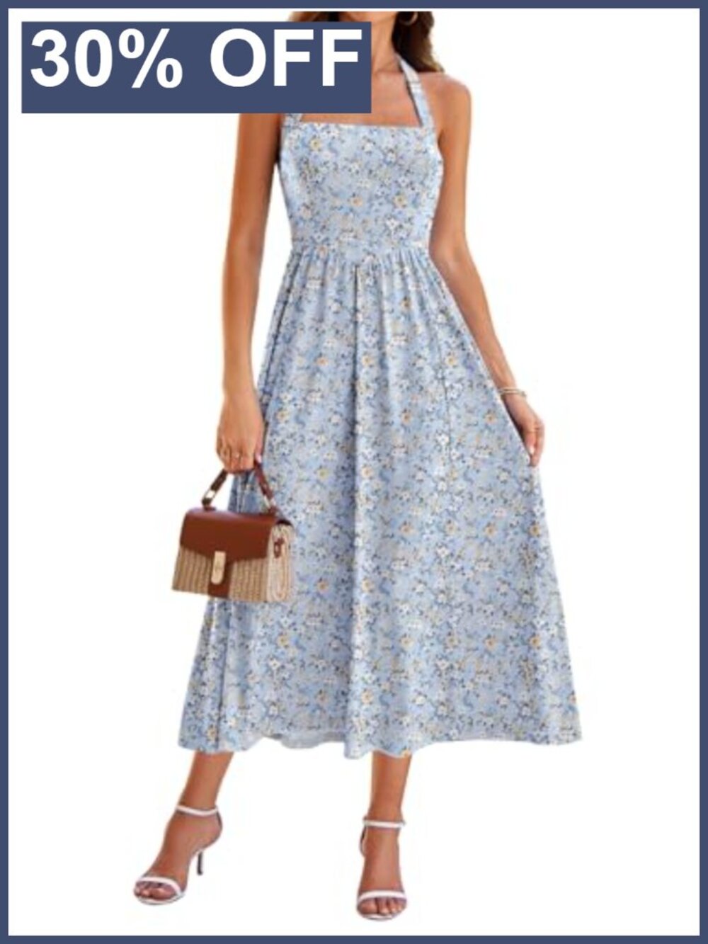 Sleeveless Halter Midi Dress with Pockets Flowy Fit & Flare Casual